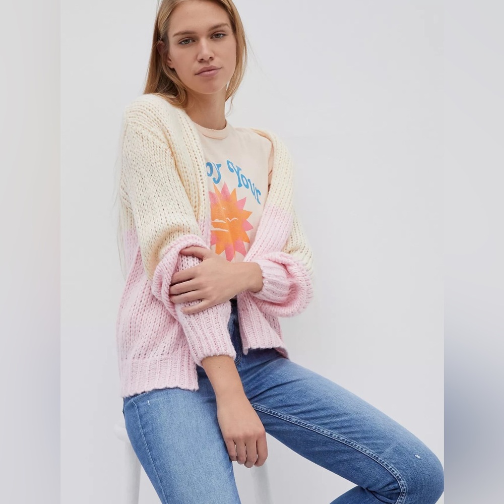 Stellah Colorblock Knit Cardigan Sweater Cream Pink M/L - Picture 6 of 6
